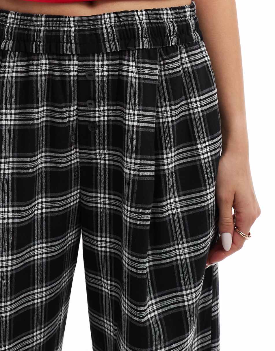Bershka tie waist wide leg pants in black check