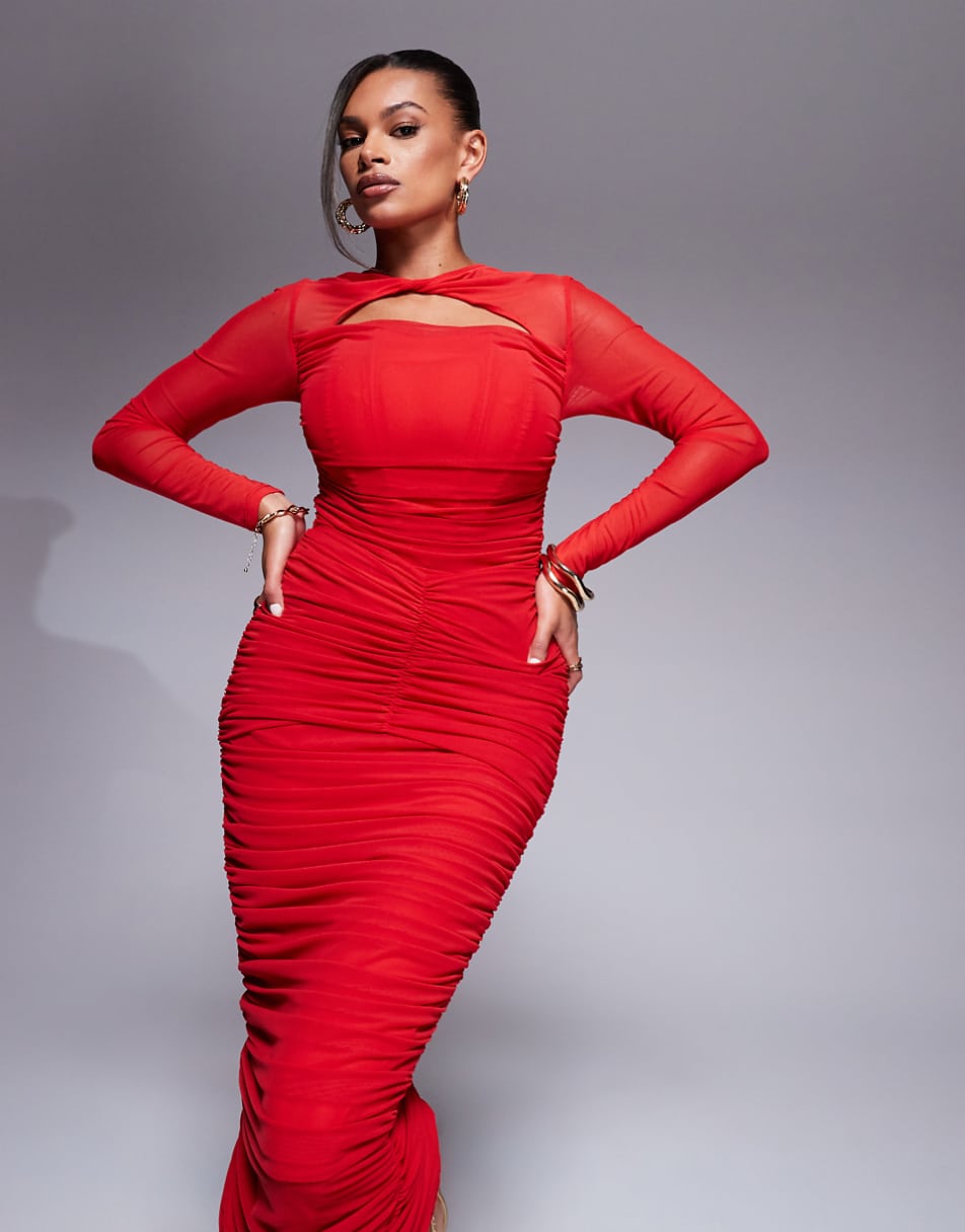 Taideux fuller bust Genevieve asymmetric mesh corset maxi dress with ruching in red