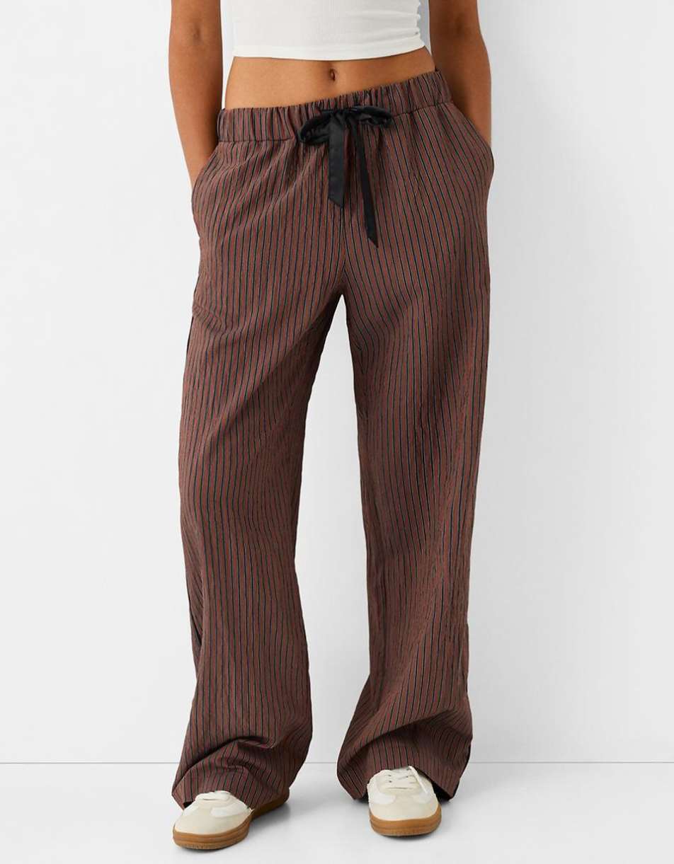 Bershka ribbon drawstring waist wide leg pants in brown & stripe