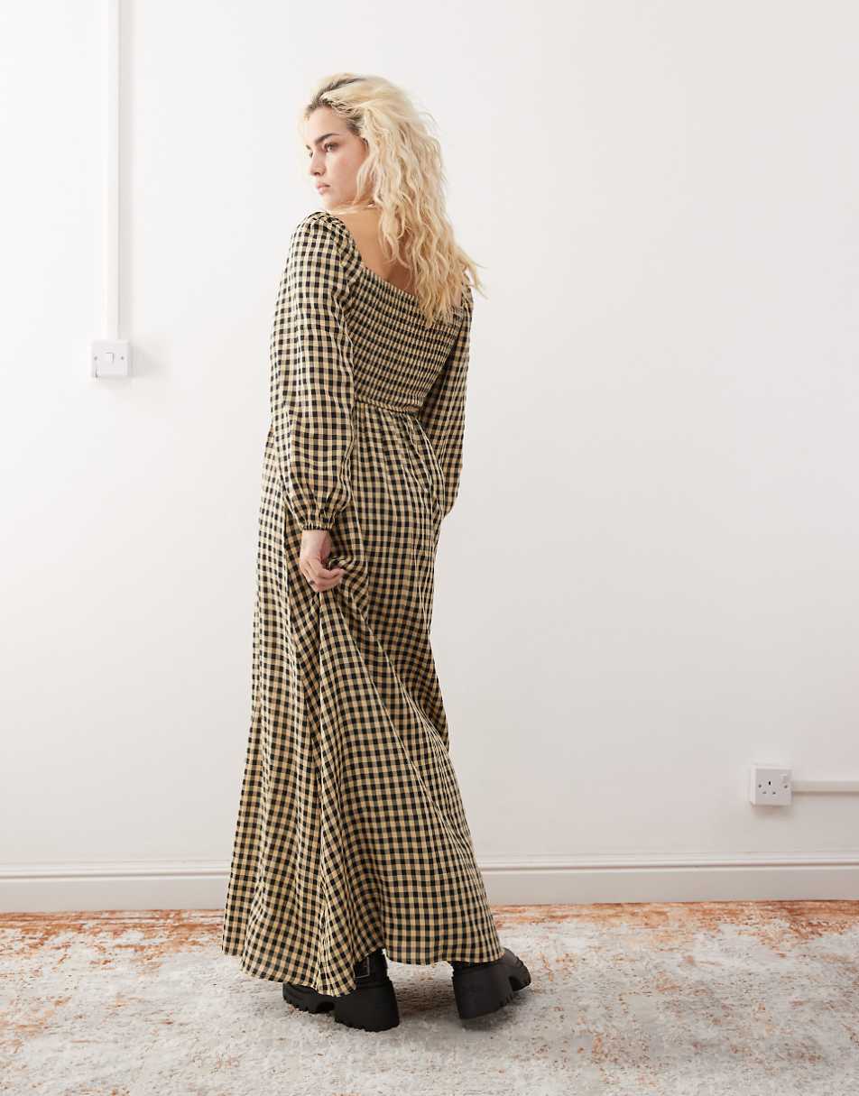 Daisy Street shirred maxi dress in black and beige check