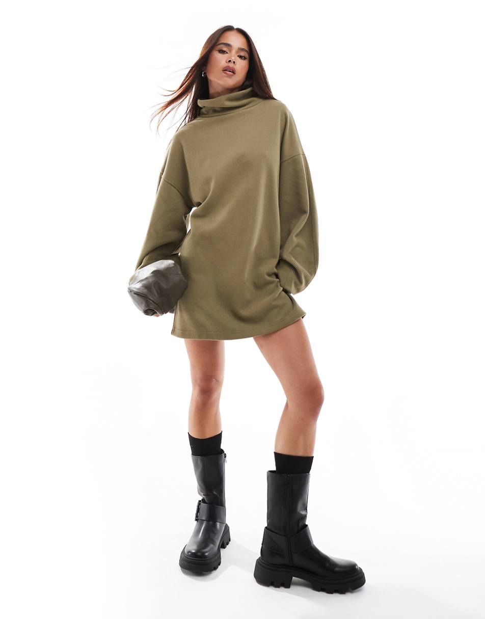 ASOS DESIGN Supersoft cocoon sleeve funnel neck mini dress in khaki