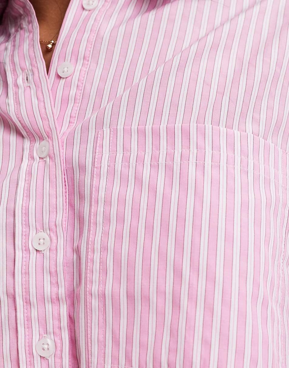 Bershka boxy deep cuff shirt in pink stripe