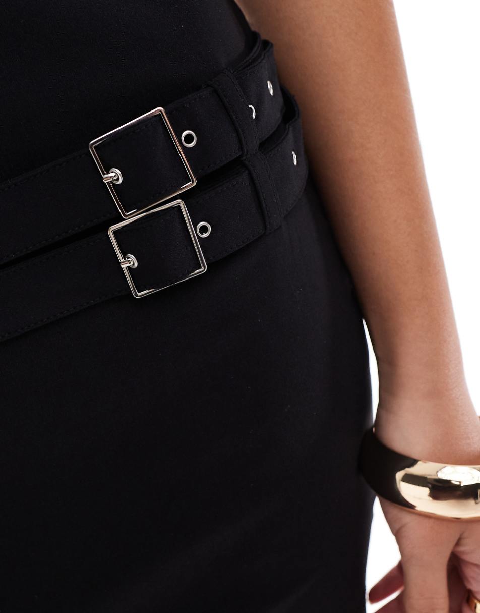 Bershka buckle detail mini dress in black