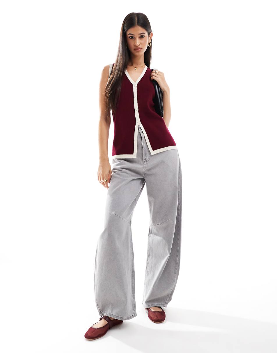 ASOS DESIGN knitted longline v vest in burgundy