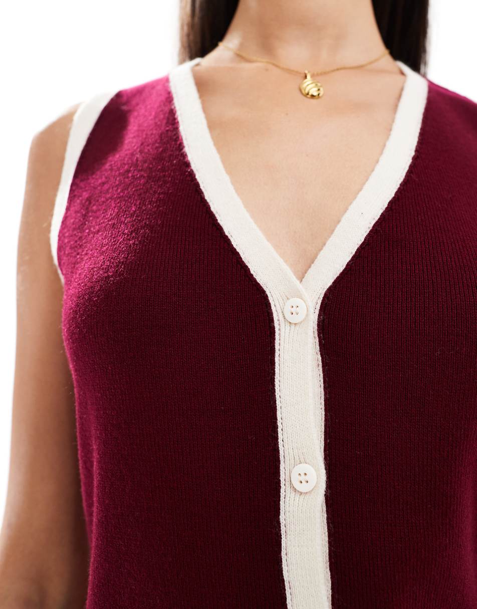 ASOS DESIGN knitted longline v vest in burgundy
