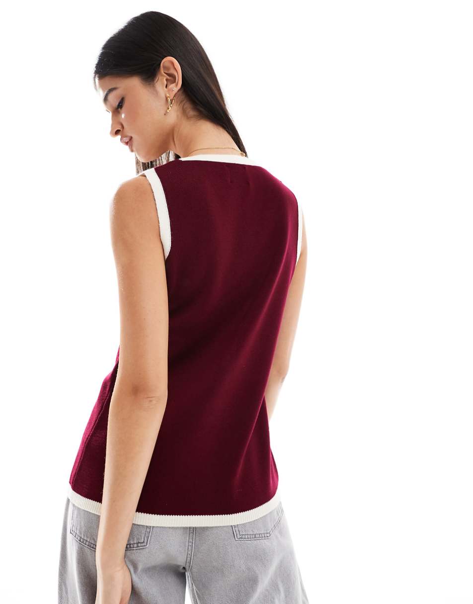 ASOS DESIGN knitted longline v vest in burgundy
