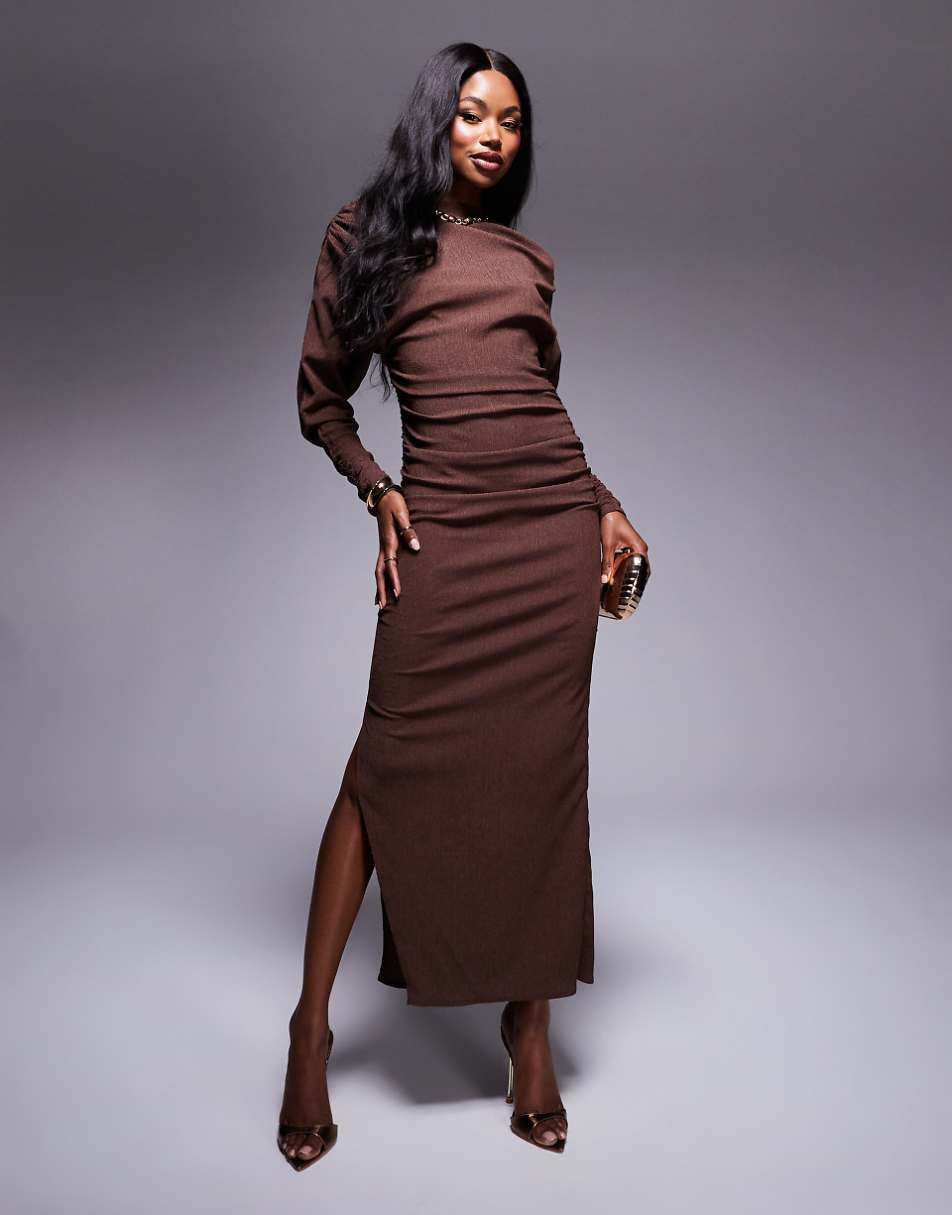 ASOS DESIGN textured slash neck draped midi dress in chocolate
