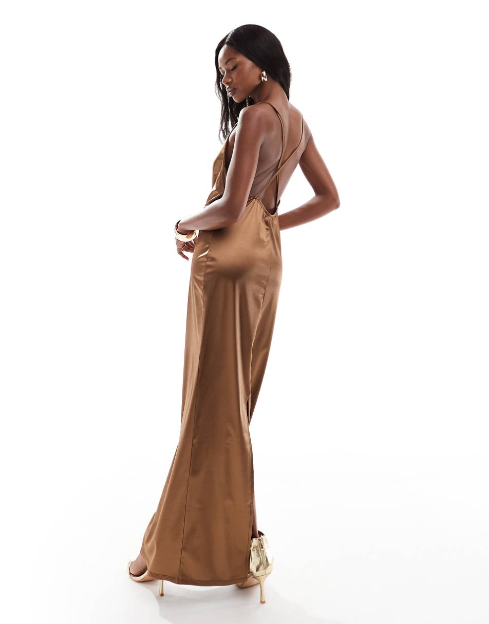ASOS DESIGN stretch satin cowl neck maxi dress in chocolate brown