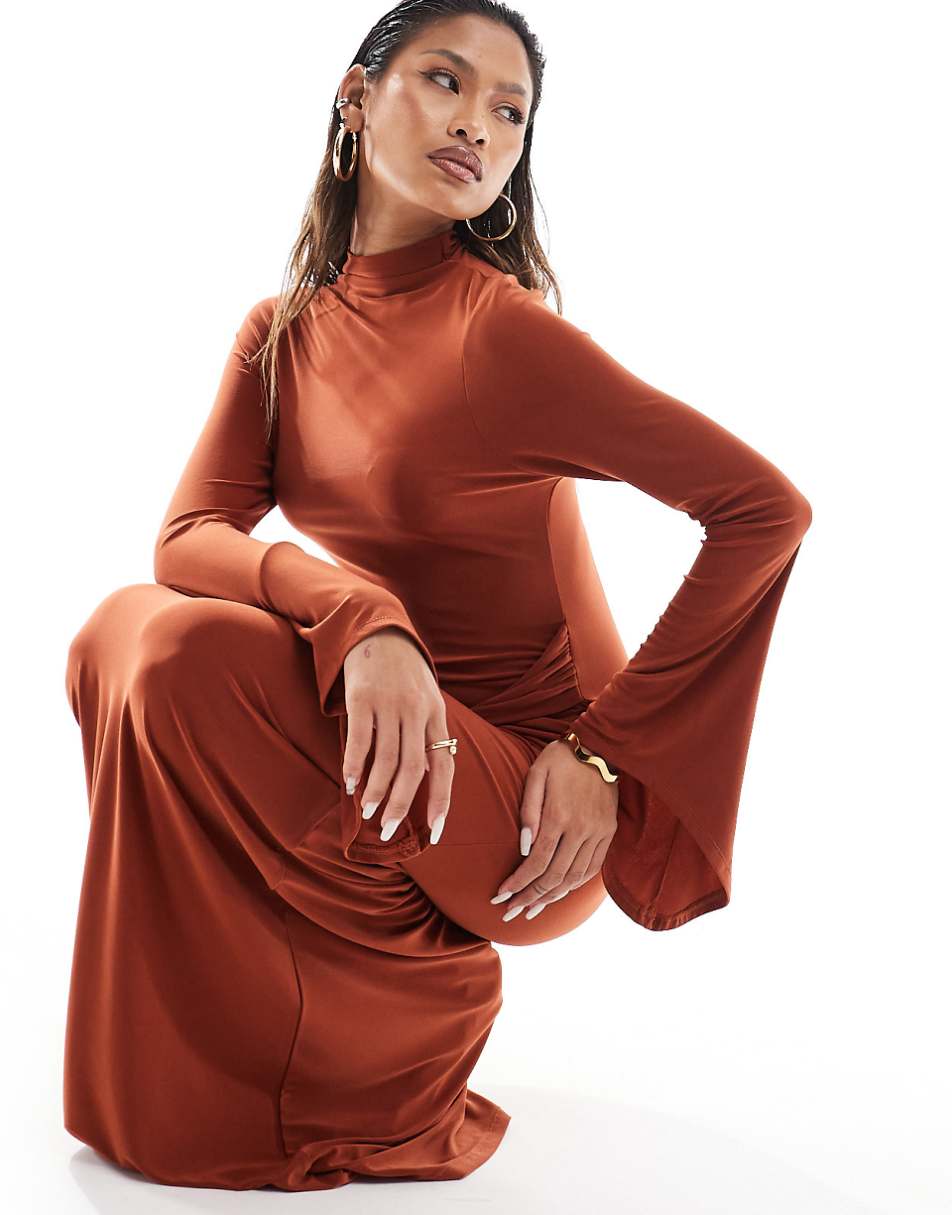 ASOS DESIGN slinky high neck long sleeve maxi dress with twist detail in rust