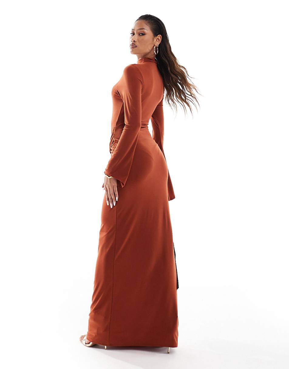 ASOS DESIGN slinky high neck long sleeve maxi dress with twist detail in rust