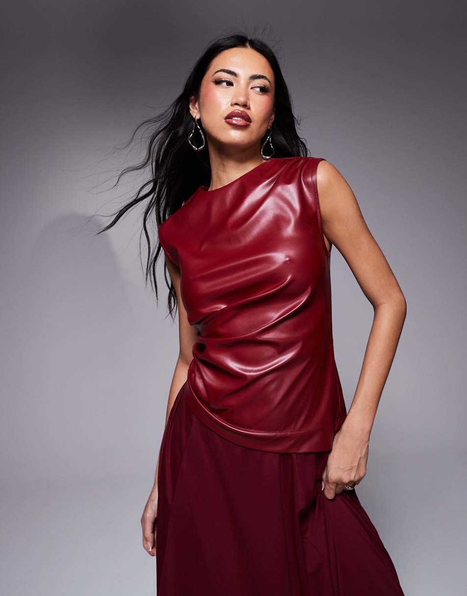 ASOS DESIGN pu bodice with flowy skirt maxi dress in burgundy