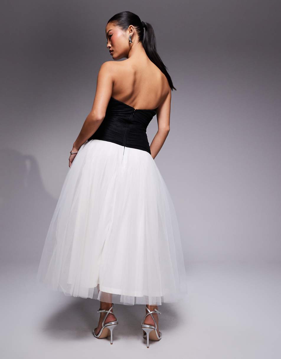 Lace & Beads Petite drop hem contrast tulle maxi dress in black and ivory