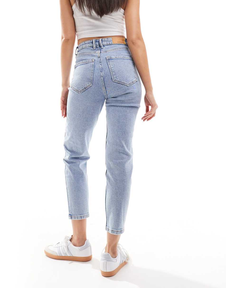 Stradivarius cotton slim mom jeans with stretch in washed blue - LBLUE