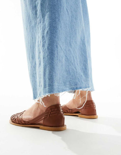 ASOS DESIGN Wide Fit Francis leather woven flat sandals in tan