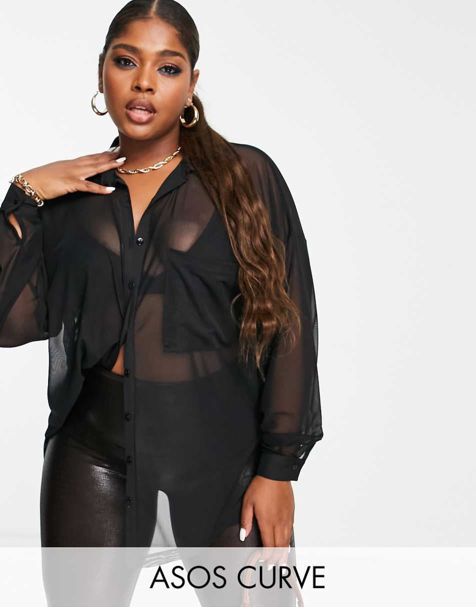 ASOS DESIGN Curve oversized mesh shirt in black - BLACK