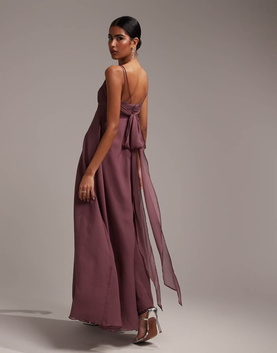 ASOS DESIGN Bridesmaid cami maxi dress with ruched bodice and tie waist in dusty mauve