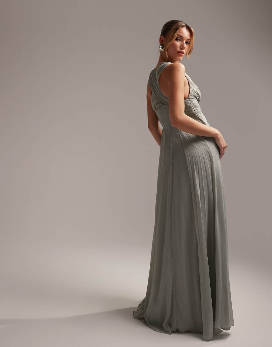 ASOS DESIGN Bridesmaid ruched bodice drape maxi dress with wrap waist in Olive