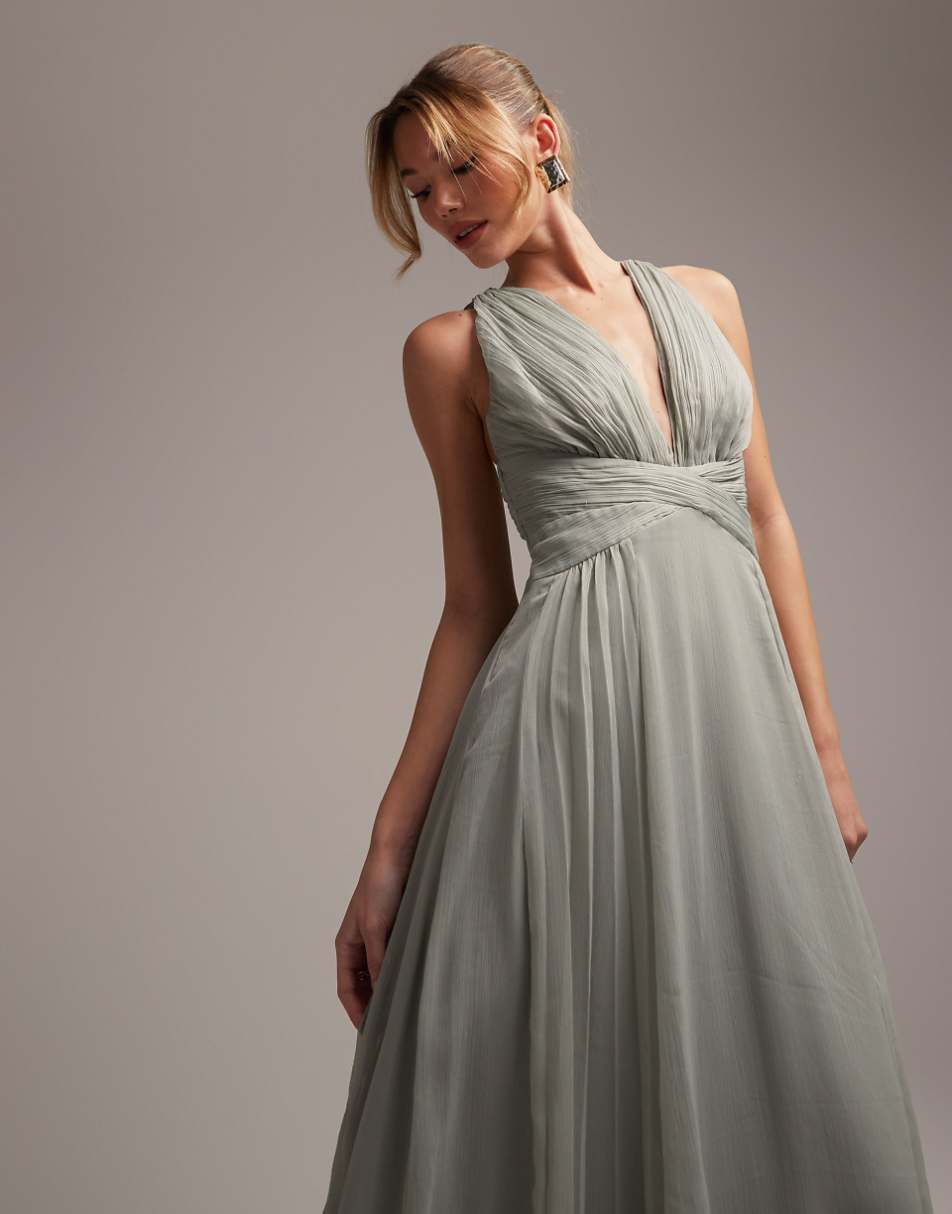 ASOS DESIGN Bridesmaid ruched bodice drape maxi dress with wrap waist in Olive