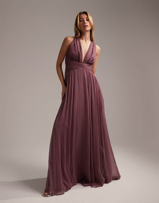 ASOS DESIGN Bridesmaid ruched bodice drape maxi dress with wrap waist in mauve