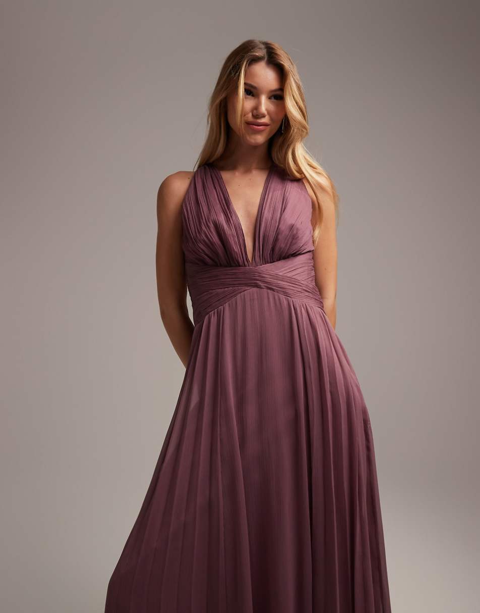 ASOS DESIGN Bridesmaid ruched bodice drape maxi dress with wrap waist in mauve