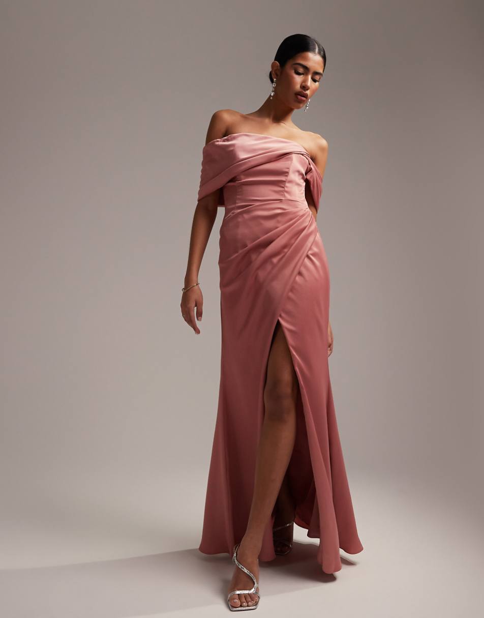 ASOS DESIGN Bridesmaid satin off the shoulder drape wrap maxi dress in dusky rose