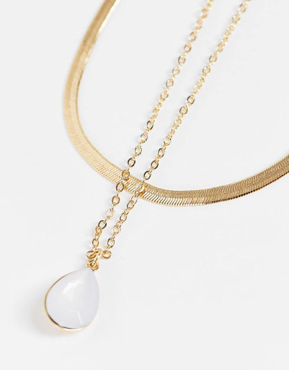 DesignB London multirow necklace with semi precious stone in gold tone