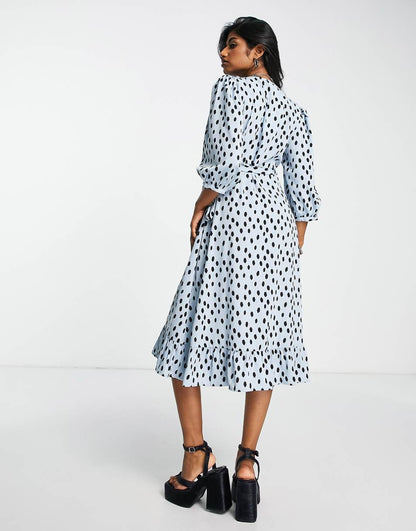 Only puff sleeve wrap midi dress in blue spot