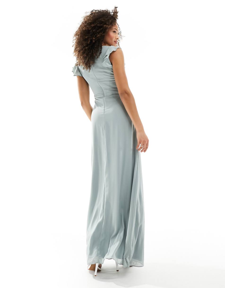 TFNC bridesmaid flutter sleeve ruffle detail maxi dress in sage