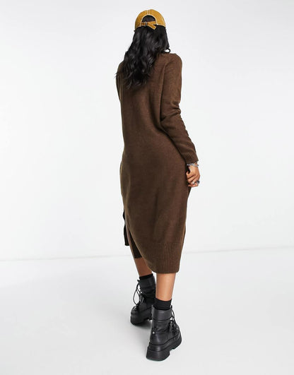 Only roll neck midi sweater dress in chocolate brown