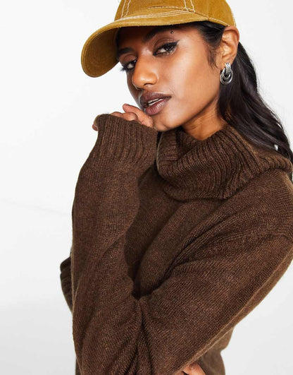 Only roll neck midi sweater dress in chocolate brown