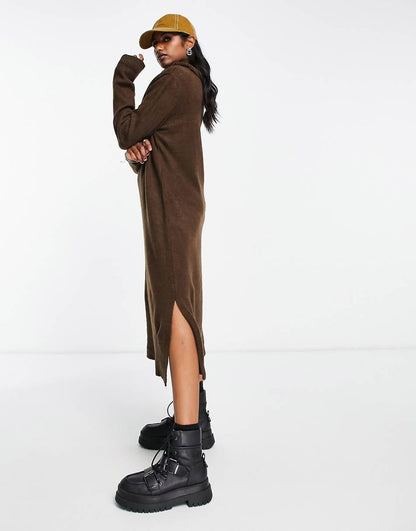 Only roll neck midi sweater dress in chocolate brown