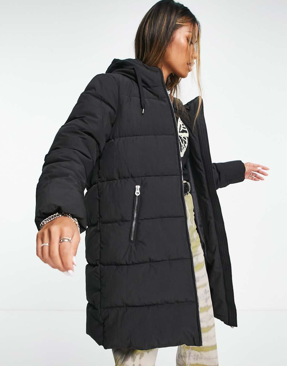 Only longline padded hooded coat in black