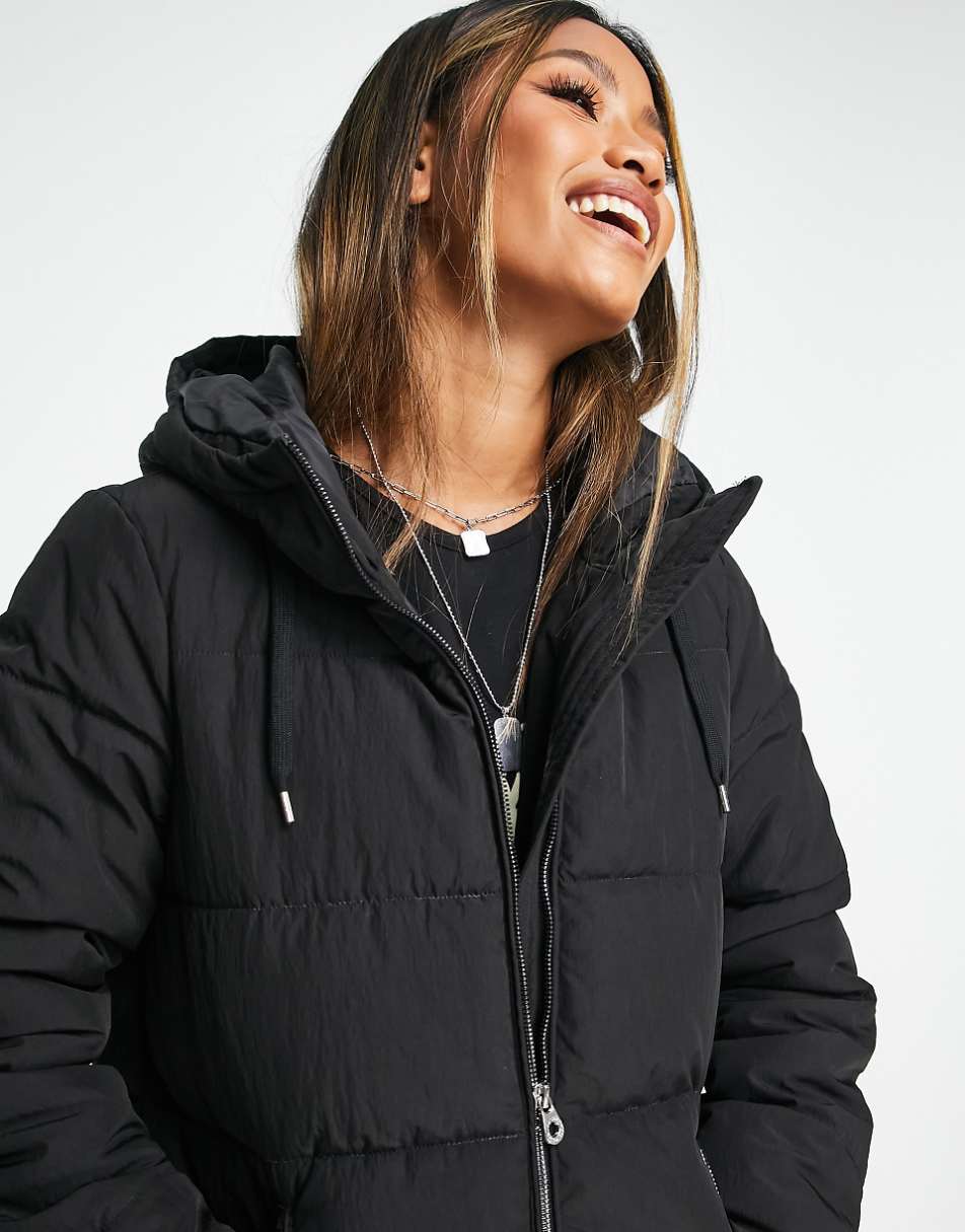 Only longline padded hooded coat in black