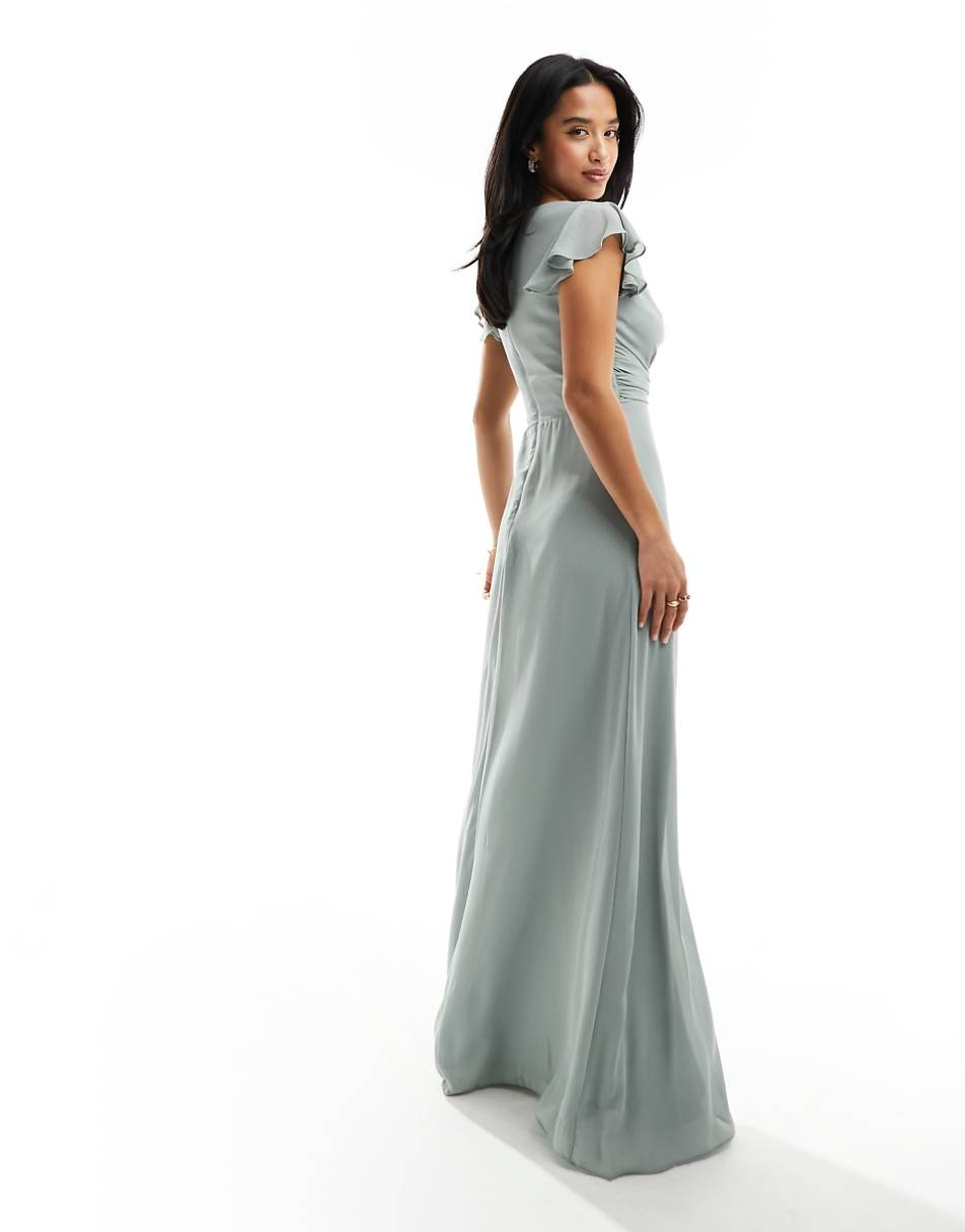 TFNC Petite Bridesmaid flutter sleeve ruffle detail maxi dress in sage