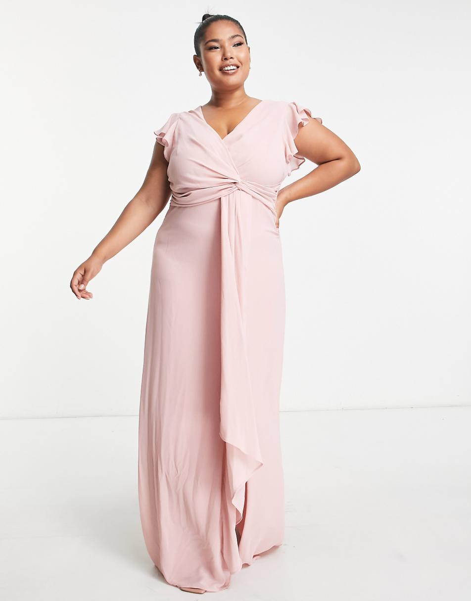 TFNC Plus Bridesmaid flutter sleeve ruffle detail maxi dress in blush