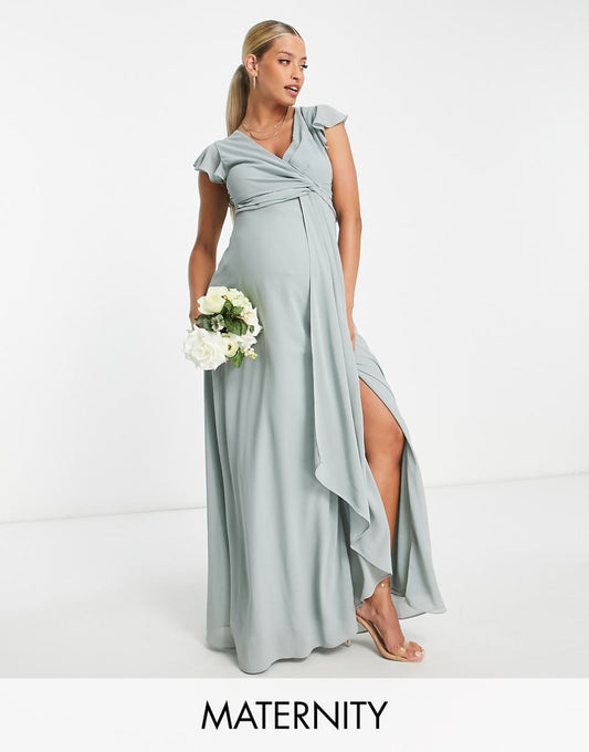 TFNC Maternity bridesmaid flutter sleeve ruffle detail maxi dress in sage