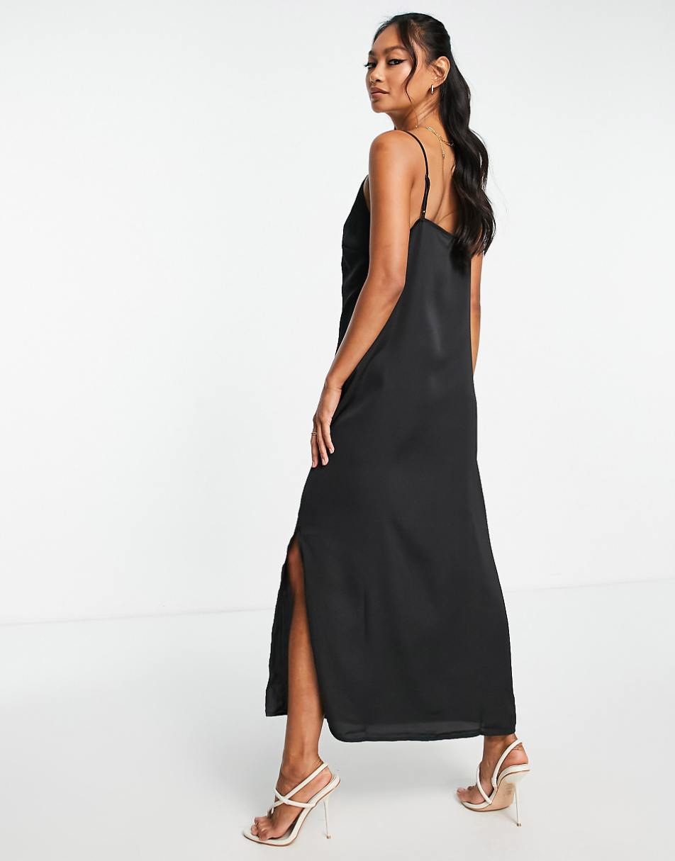 Vila satin midi cami dress in black