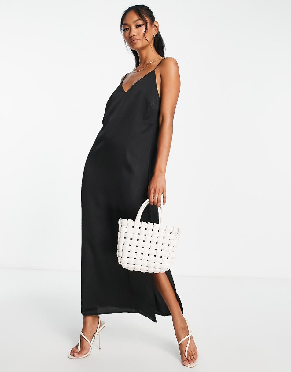 Vila satin midi cami dress in black