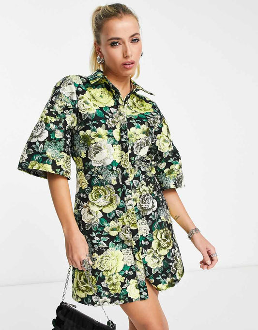 ASOS DESIGN metallic jacquard kimono sleeve shirt mini dress in large floral