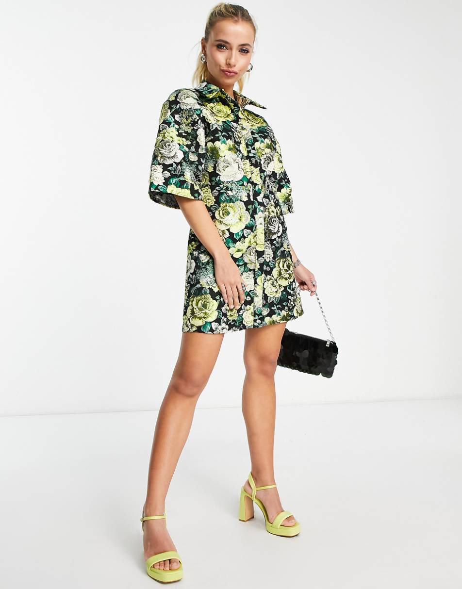 ASOS DESIGN metallic jacquard kimono sleeve shirt mini dress in large floral