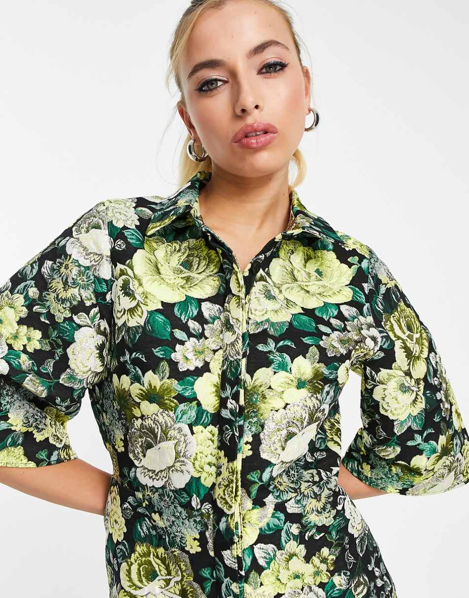 ASOS DESIGN metallic jacquard kimono sleeve shirt mini dress in large floral