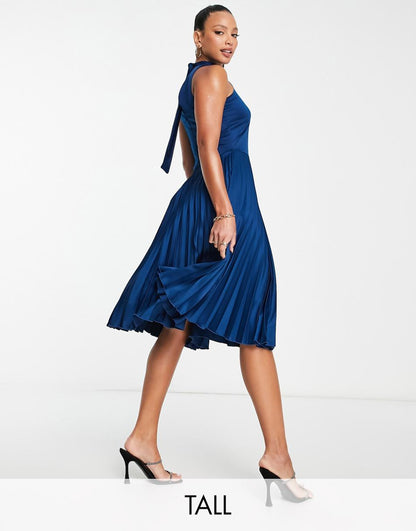 Closet London Tall high neck pleated midi dress in navy