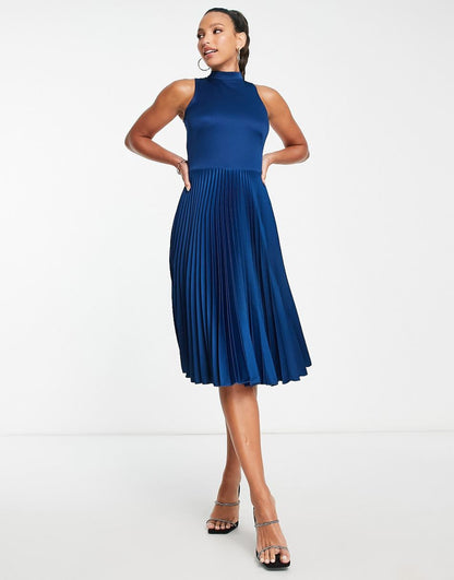 Closet London Tall high neck pleated midi dress in navy
