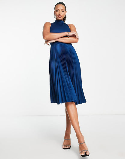 Closet London Tall high neck pleated midi dress in navy