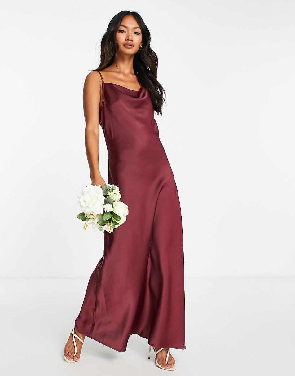 YAS Bridesmaid satin cami maxi dress in burgundy