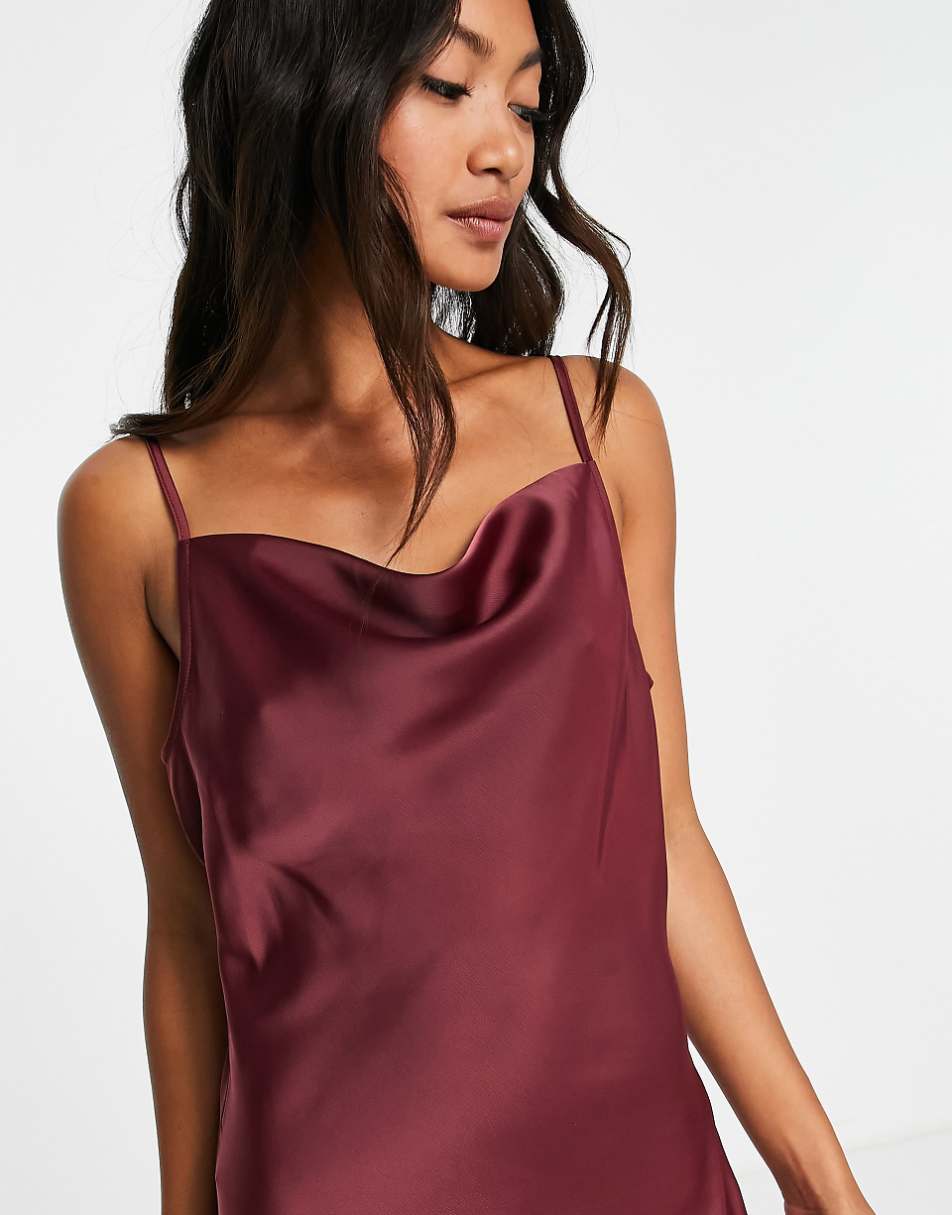 YAS Bridesmaid satin cami maxi dress in burgundy