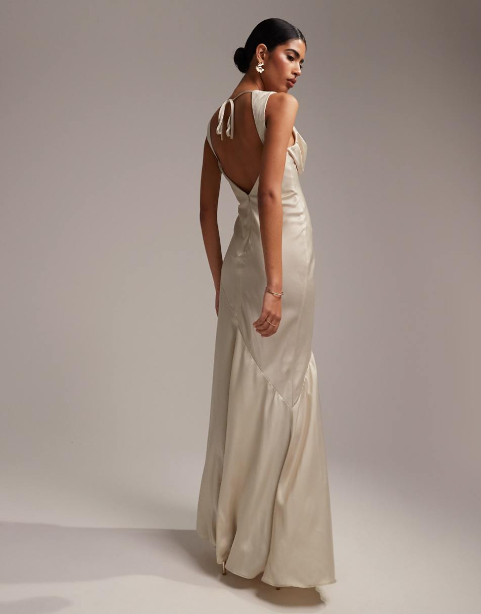 ASOS DESIGN Bridesmaid satin cowl front maxi dress with paneled skirt in champagne