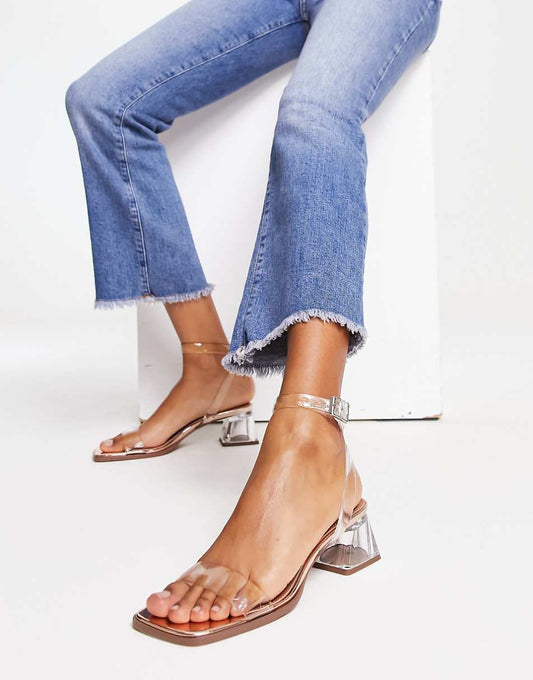 ASOS DESIGN Hopeful block heeled sandals in clear and rose gold