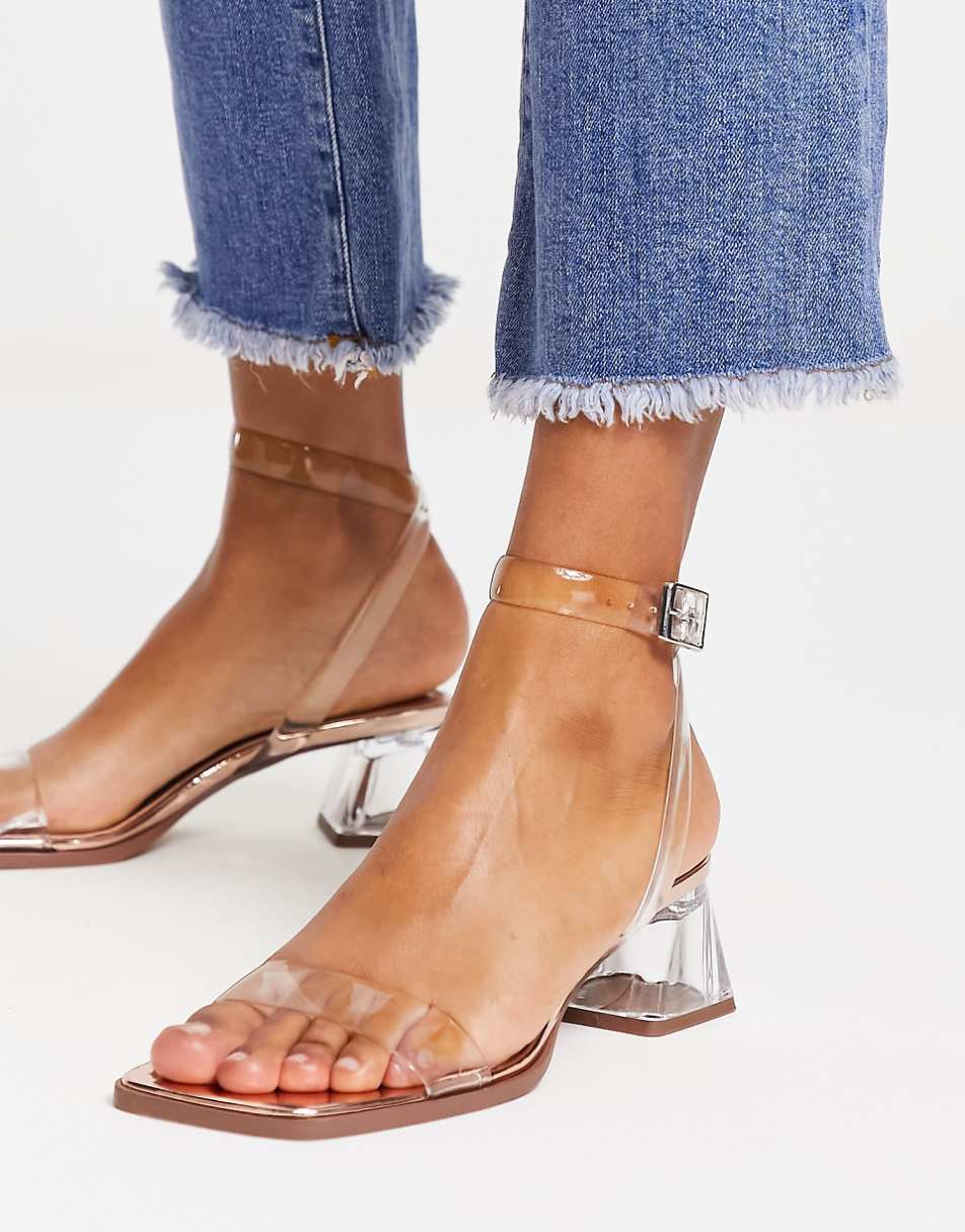 ASOS DESIGN Hopeful block heeled sandals in clear and rose gold