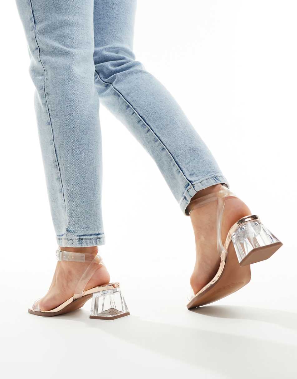 ASOS DESIGN Wide Fit Hopeful block heeled sandals in clear and rose gold